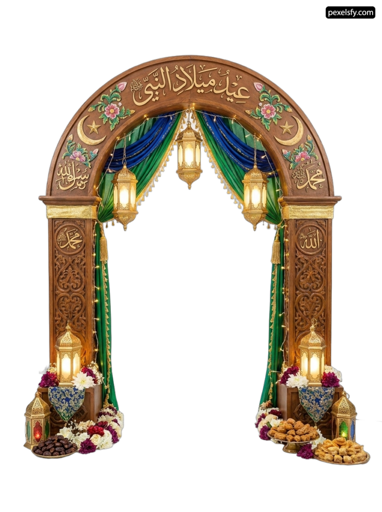 Wooden arch decorated with flowers and lanterns png transparent background