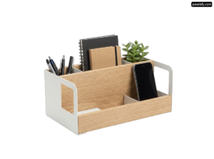 Wooden desk organizer with a plant in it png transparent background