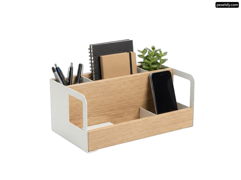 Wooden desk organizer with a plant in it png transparent background