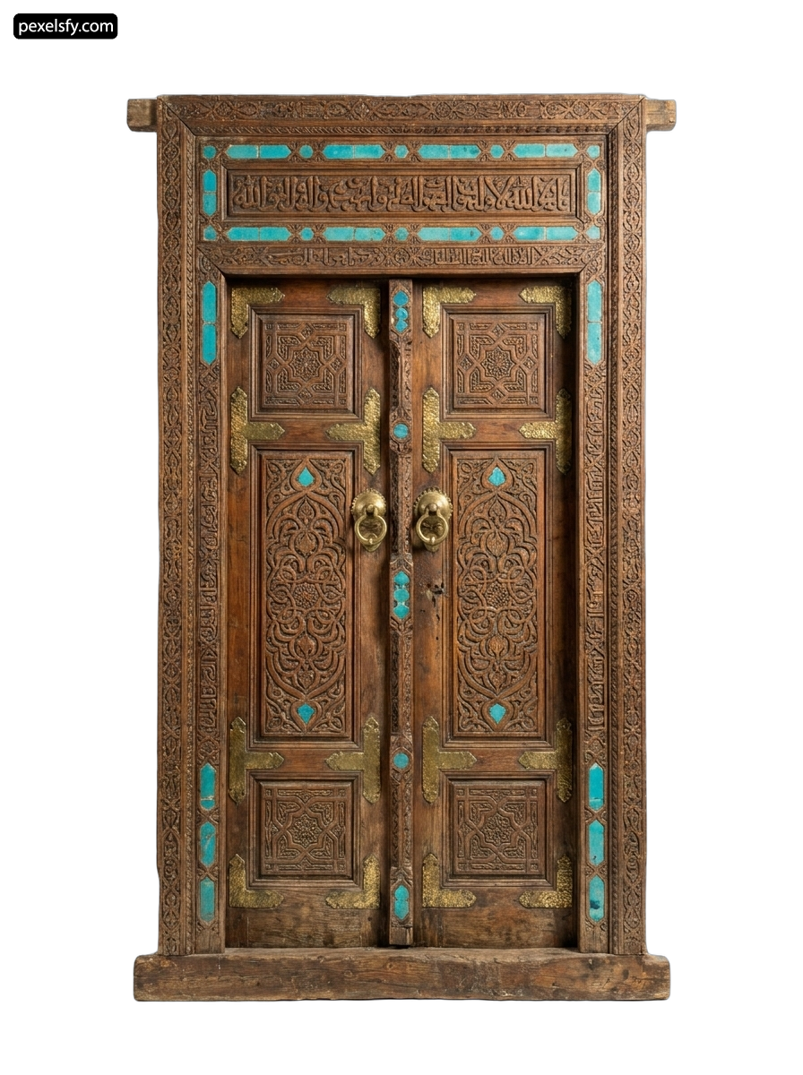 Wooden door with ornate carvings on it png transparent background