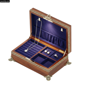 Wooden jewelry box with two compartments and a necklace png transparent background