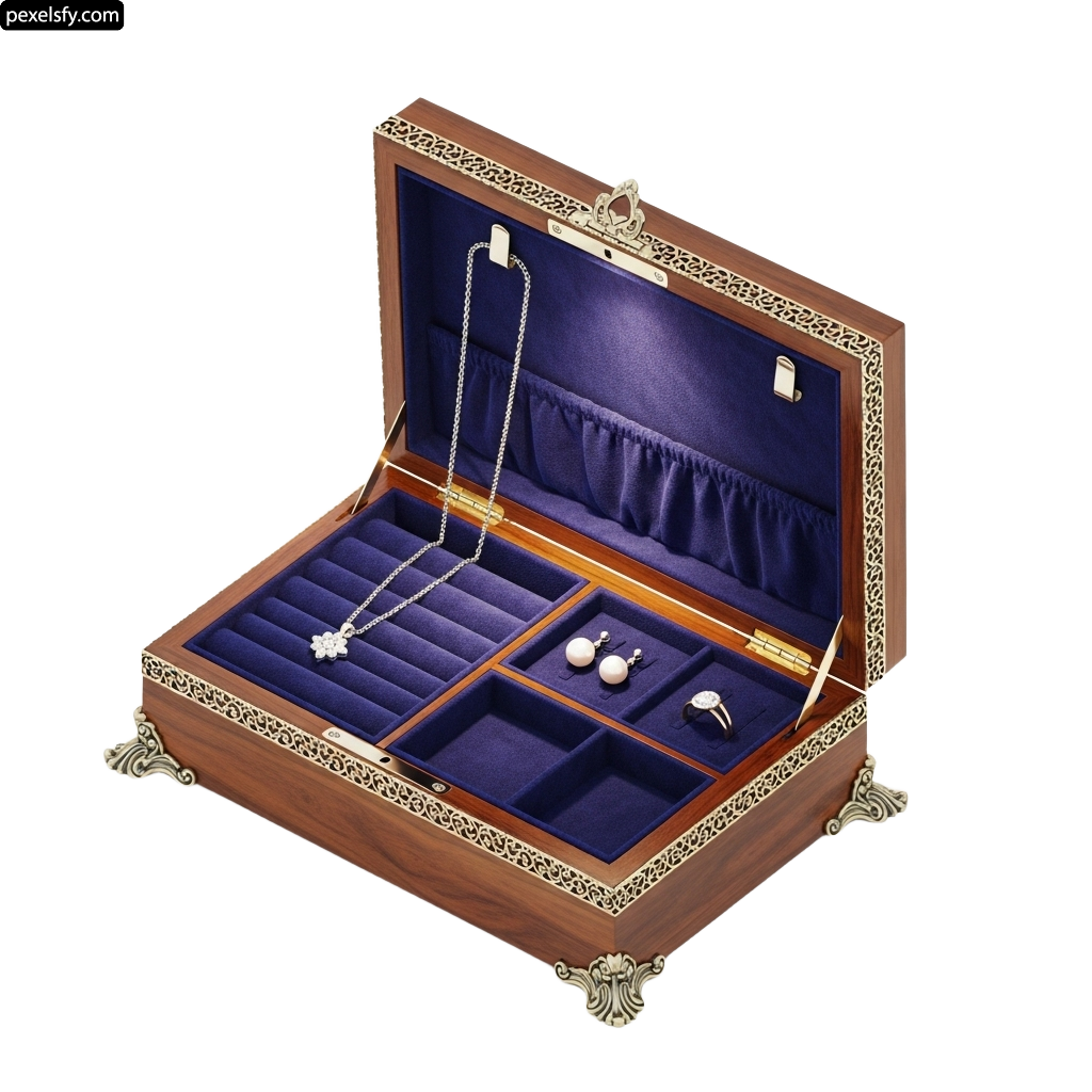 Wooden jewelry box with two compartments and a necklace png transparent background