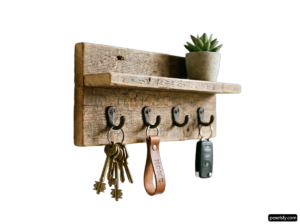 Wooden shelf with a bunch of keys hanging from it png transparent background