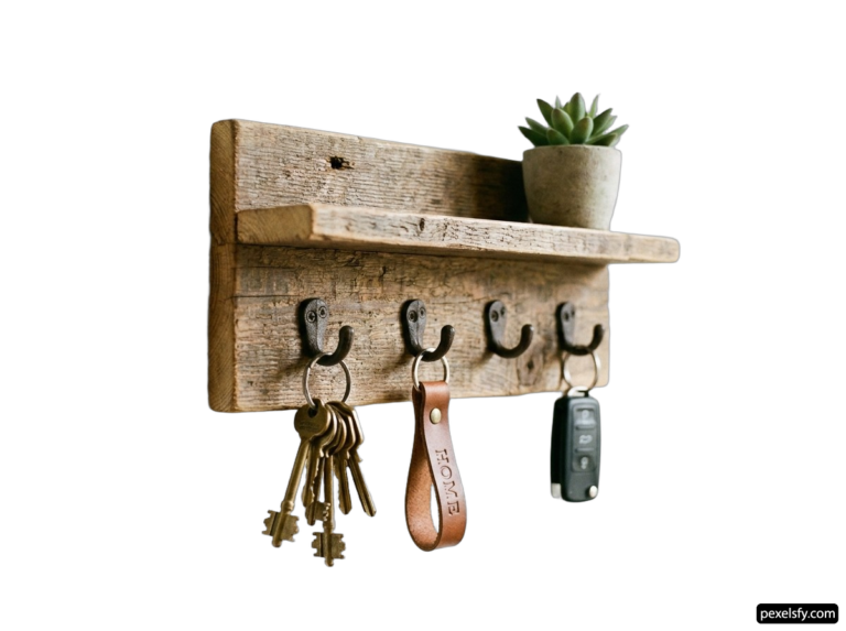 Wooden shelf with a bunch of keys hanging from it png transparent background
