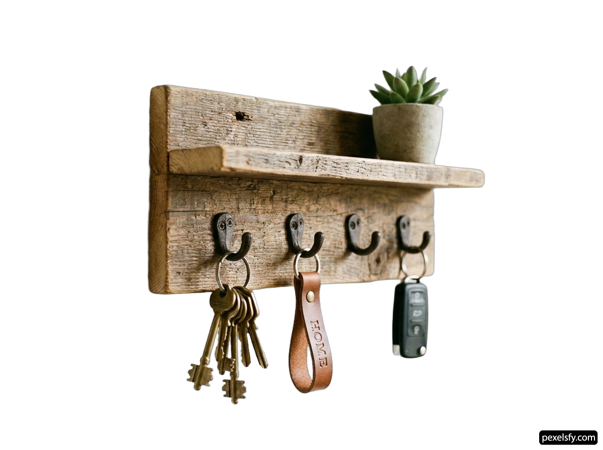 Wooden shelf with a bunch of keys hanging from it png transparent background