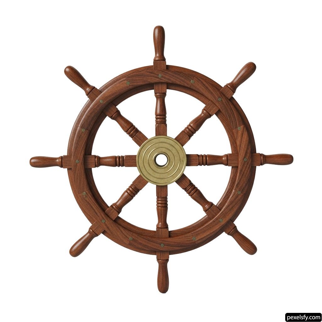 Wooden ship wheel on a white background png transparent background
