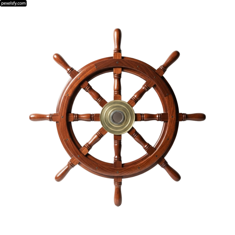 Wooden ship wheel on a white background png transparent background