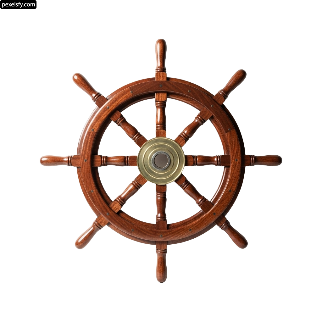 Wooden ship wheel on a white background png transparent background