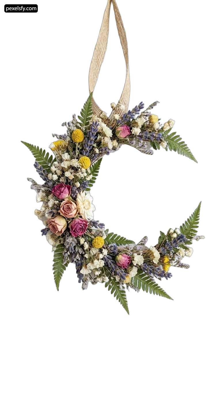 Wreath made of dried flowers and ferns on a white background png transparent background