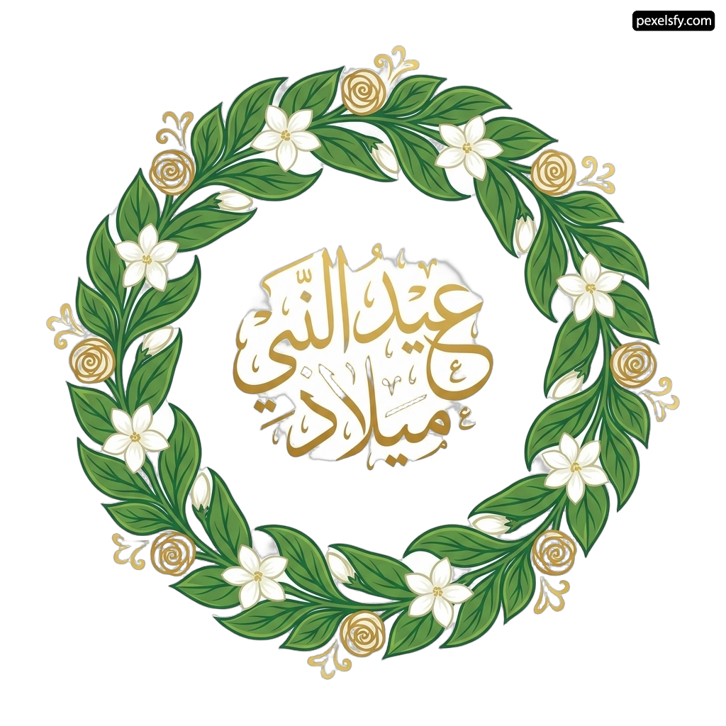 Wreath of flowers and leaves with arabic calligraphy png transparent background