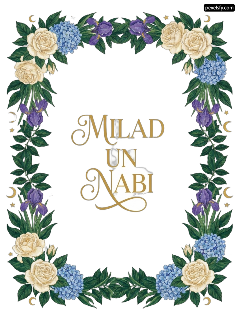 Wreath of flowers with the words Milad un nabi png transparent background