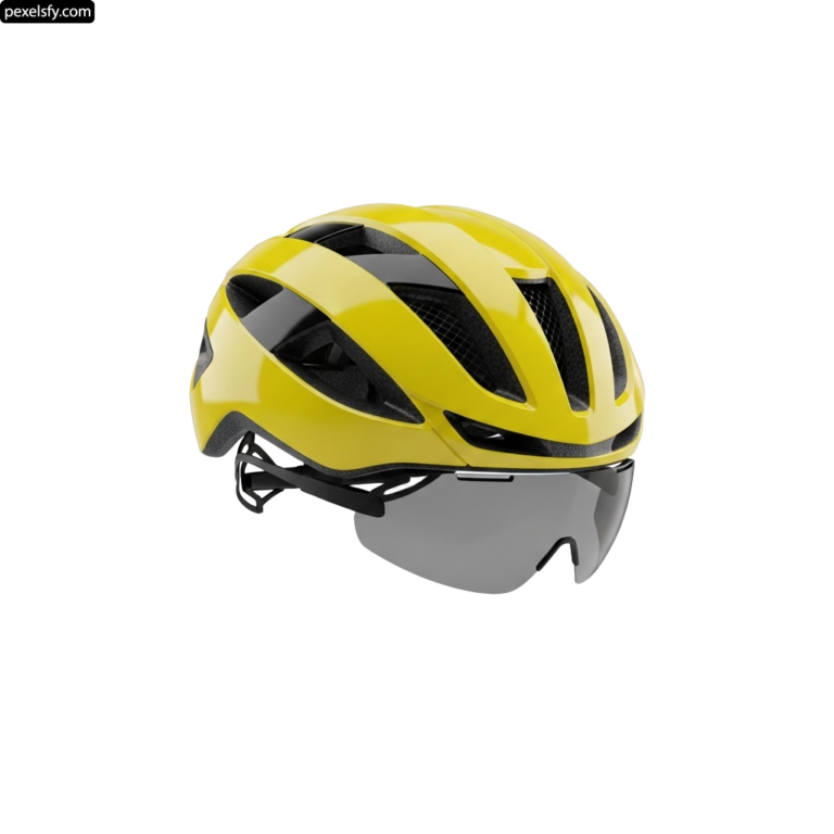 Yellow bicycle helmet with a visor on a white background png transparent background