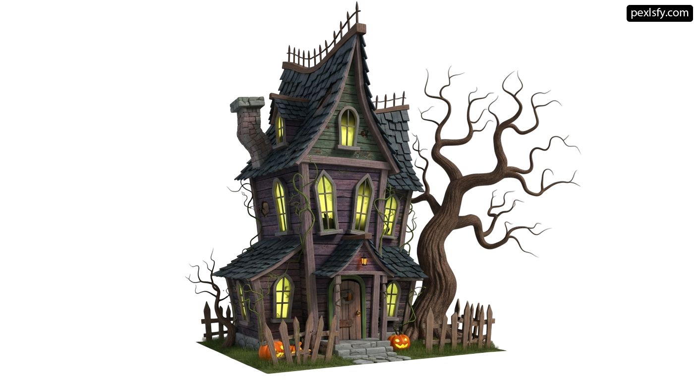 3D rendering of a haunted house with a tree and pumpkins png transparent background