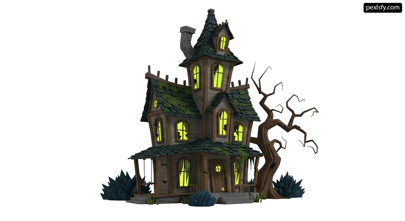 3D rendering of a haunted house with a tree png transparent background