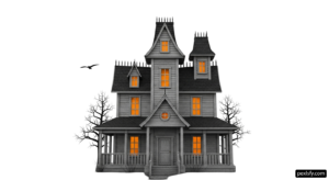 3D rendering of a haunted house with a bird flying over it png transparent background
