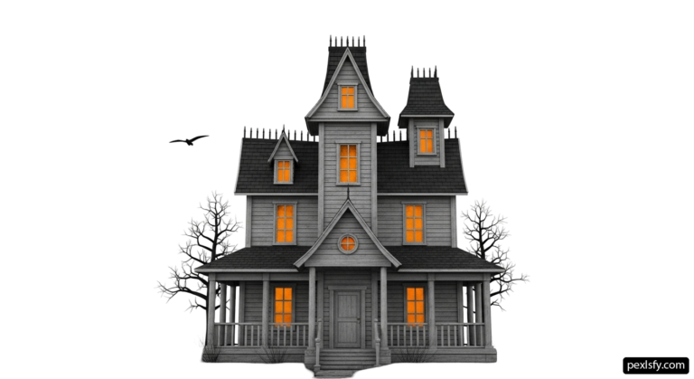 3D rendering of a haunted house with a bird flying over it png transparent background