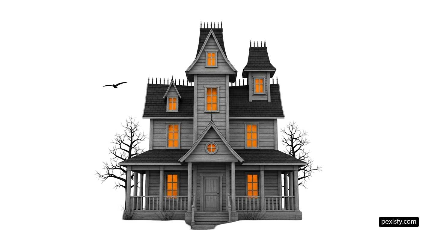 3D rendering of a haunted house with a bird flying over it png transparent background