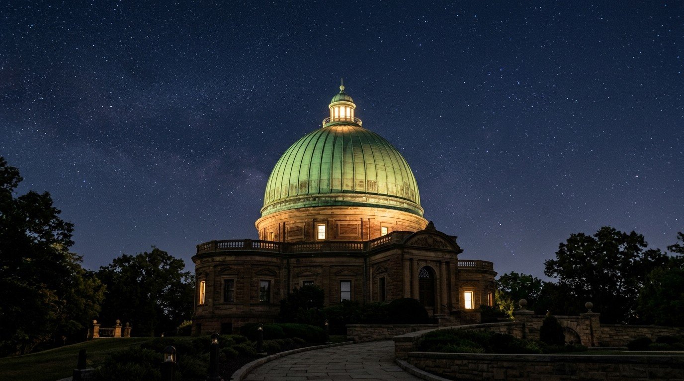 Green dome illuminated at night