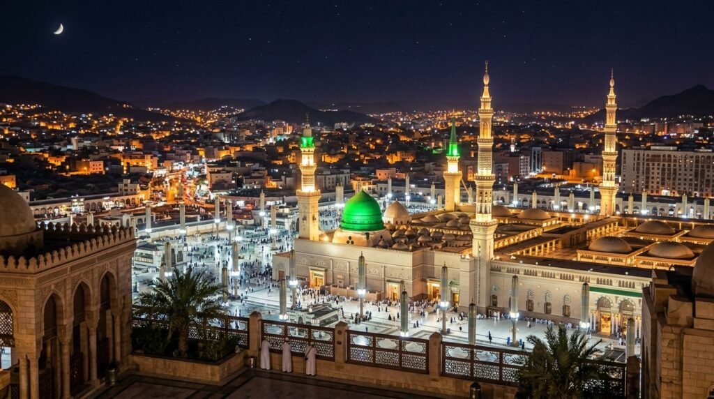 Madina cityscape night green dome