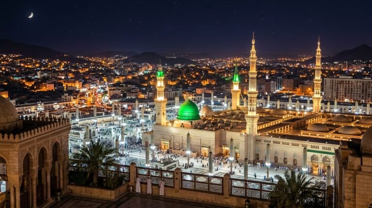 Madina cityscape night green dome