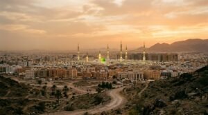 Madina skyline green dome glowing