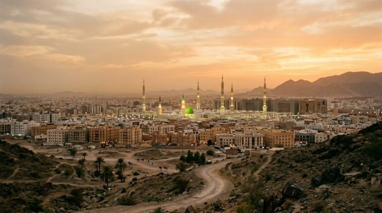 Madina skyline green dome glowing