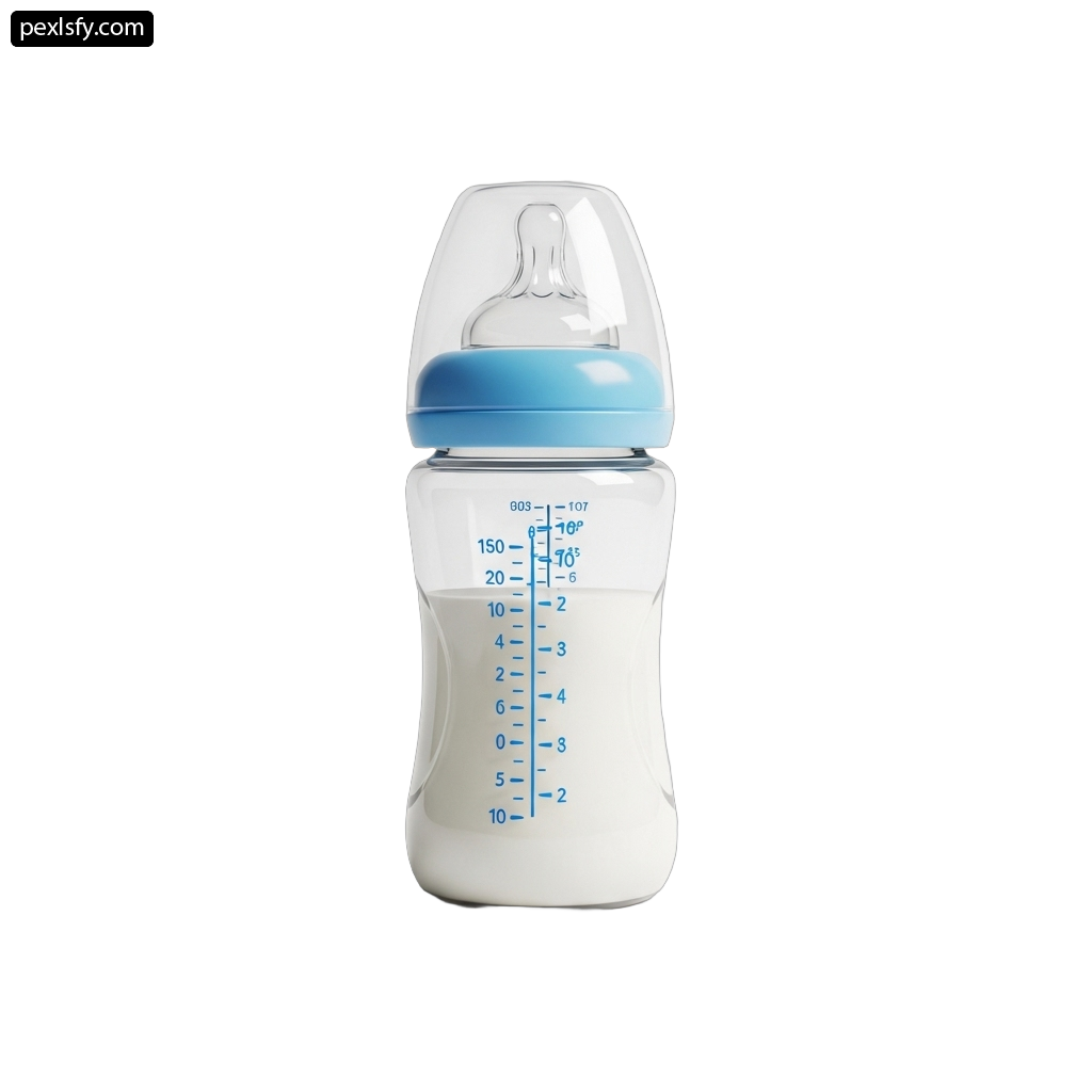 Baby bottle with a blue lid on a white background png transparent background