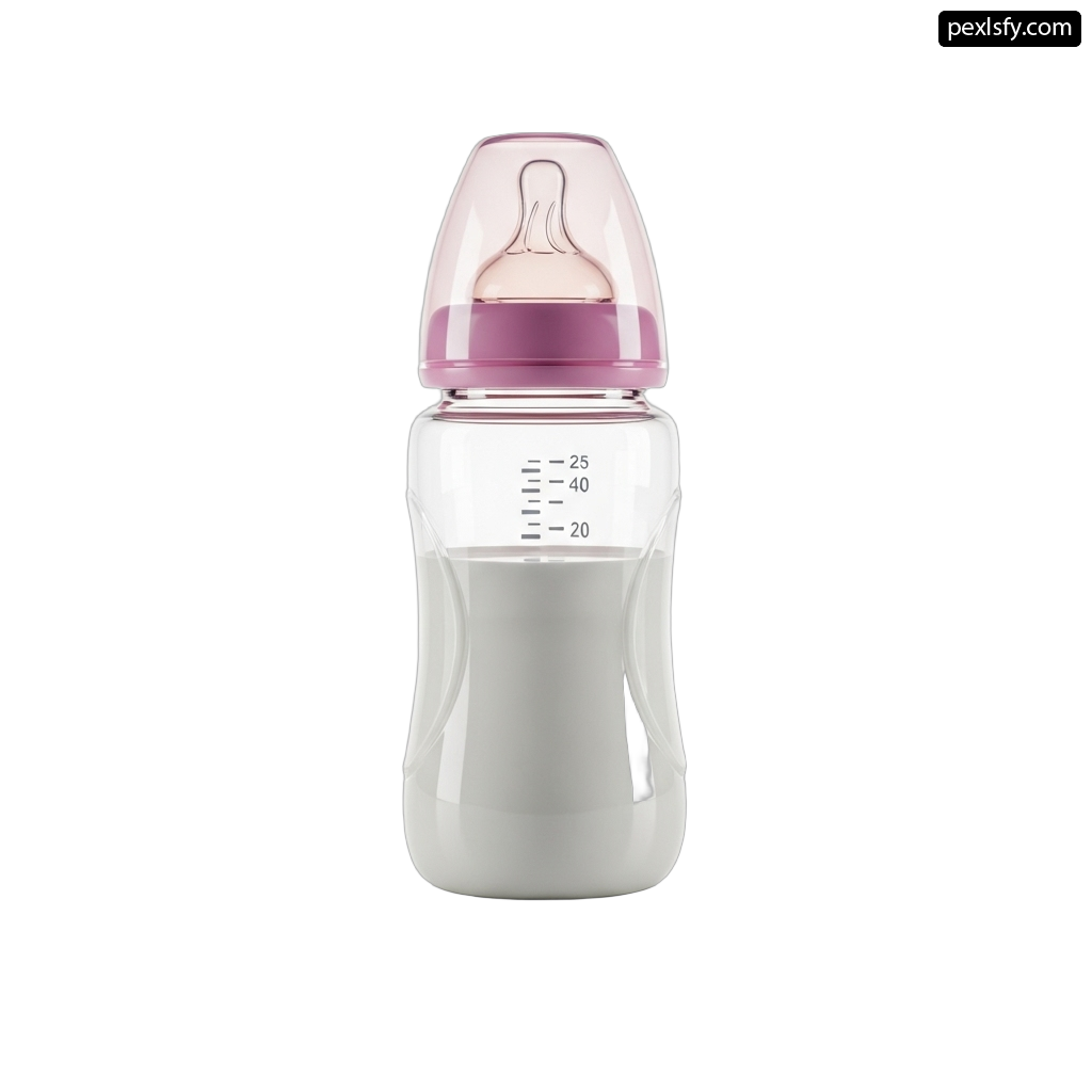 Baby bottle with a pink lid on a white background png transparent background