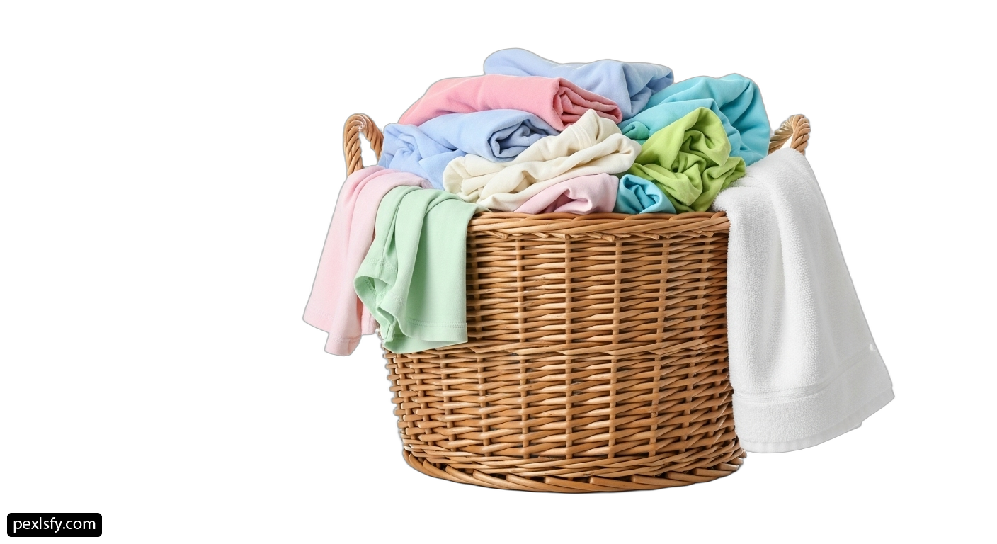 Basket full of folded towels on a white background png transparent background