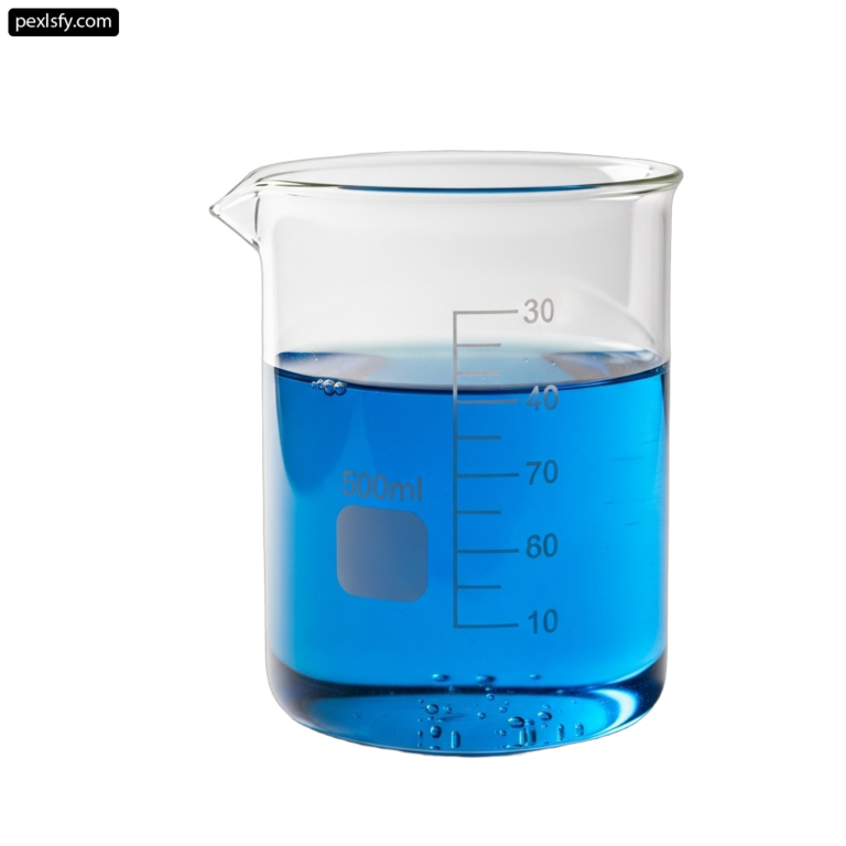 Beaker filled with blue liquid on a white background png transparent background