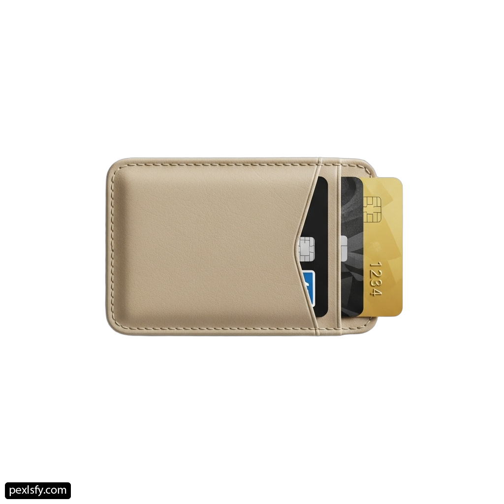 Beige leather wallet with a credit card in it png transparent background