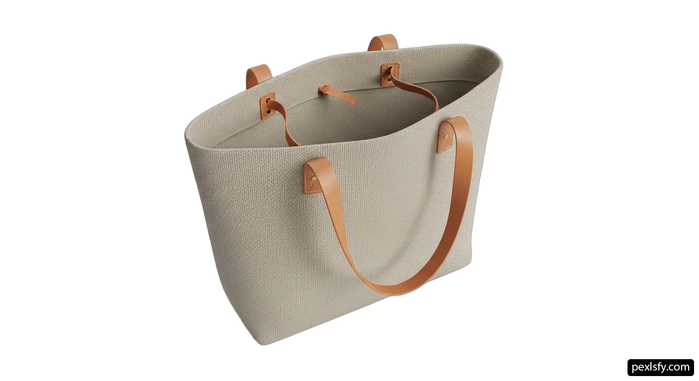 Beige tote bag with brown leather handles png transparent background