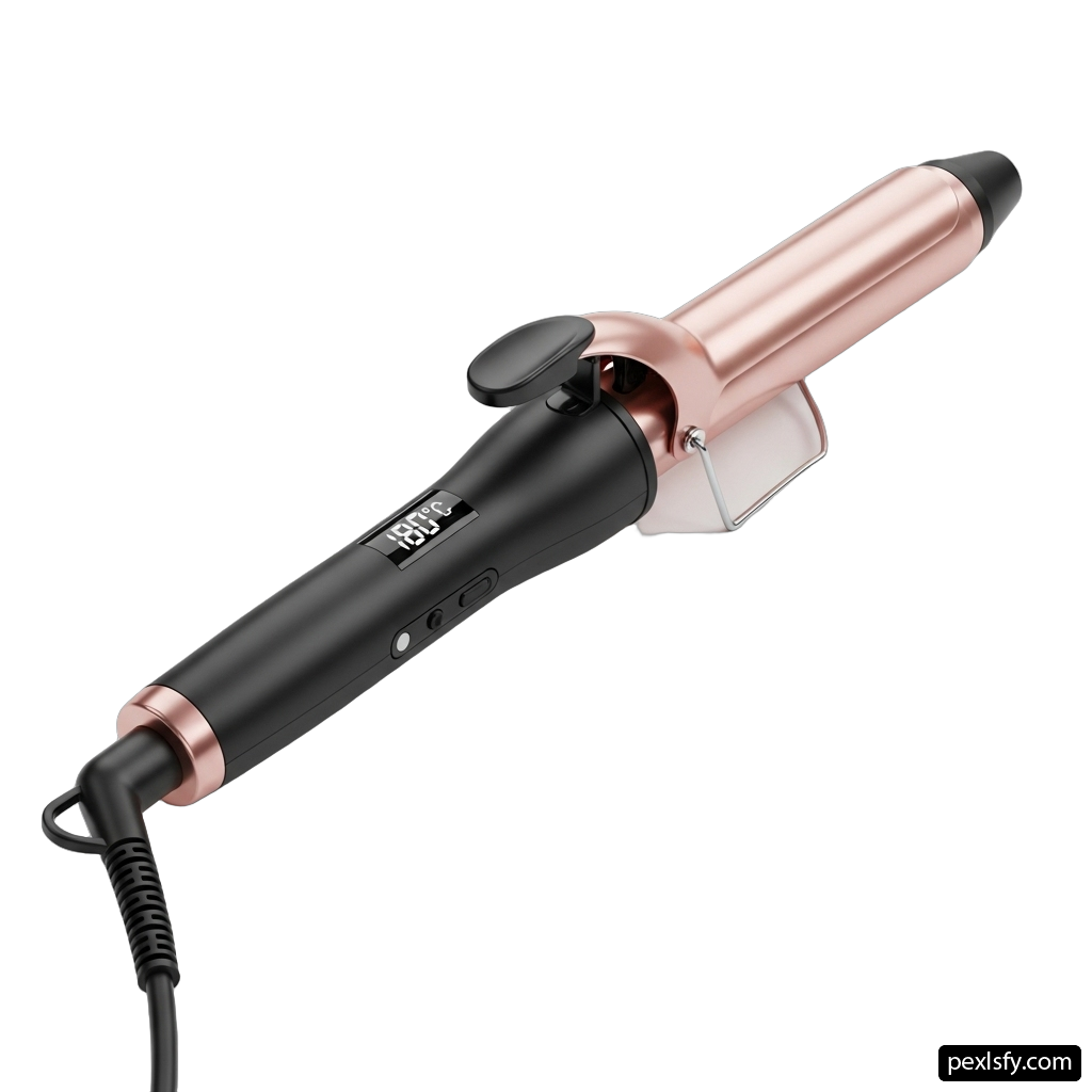 Black and rose gold curling iron on a white background png transparent background