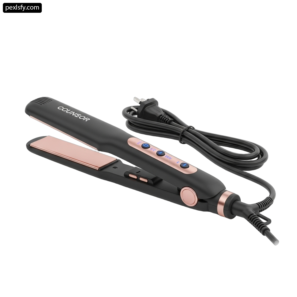 Black and rose gold hair straightener on a white background png transparent background