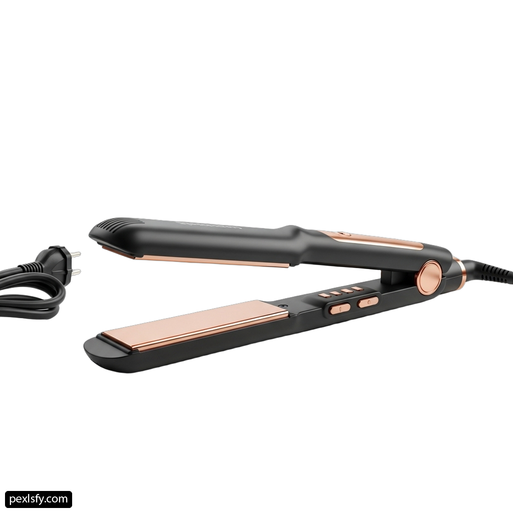 Black and rose gold hair straightener on a white background png transparent background