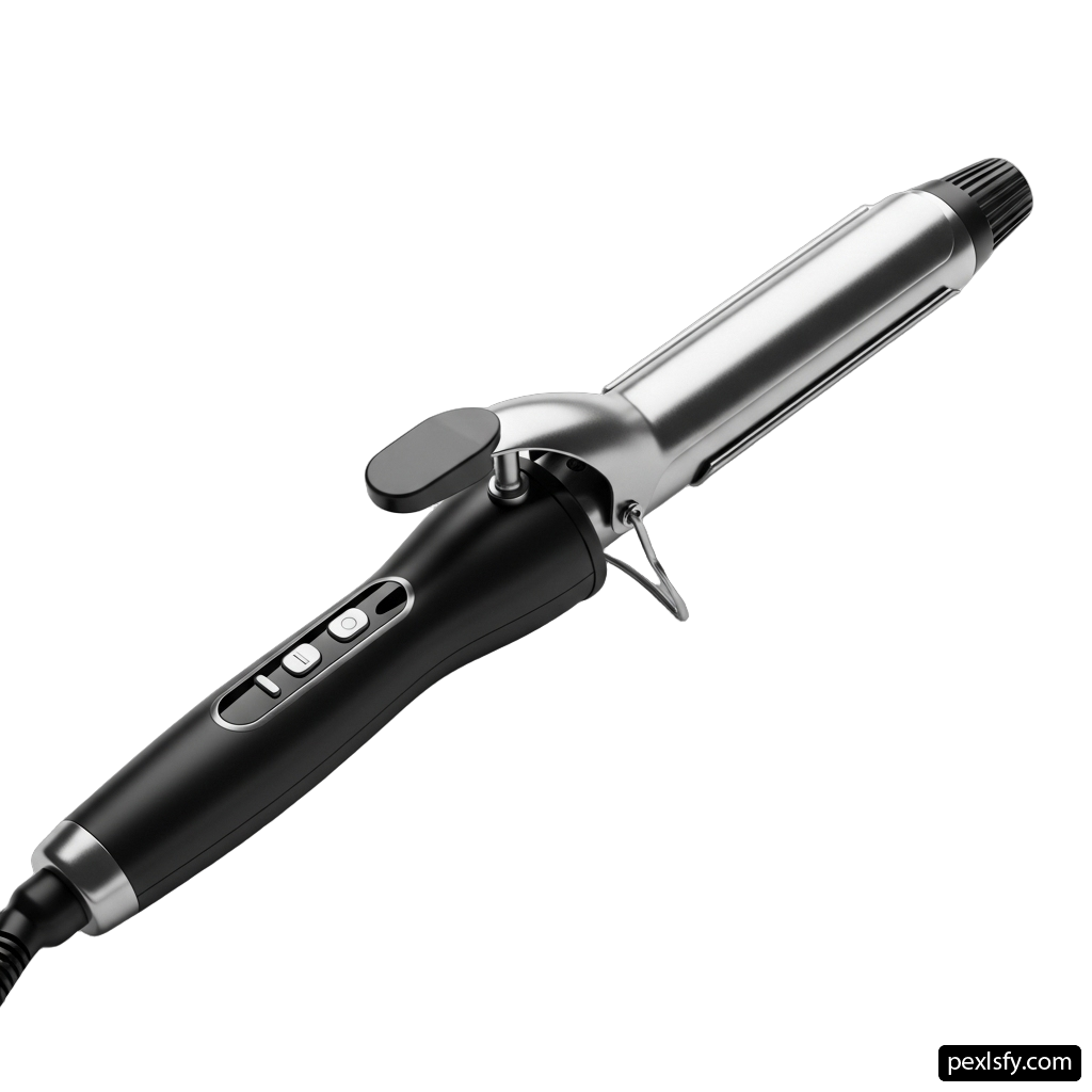Black and silver curling iron on a white background png transparent background