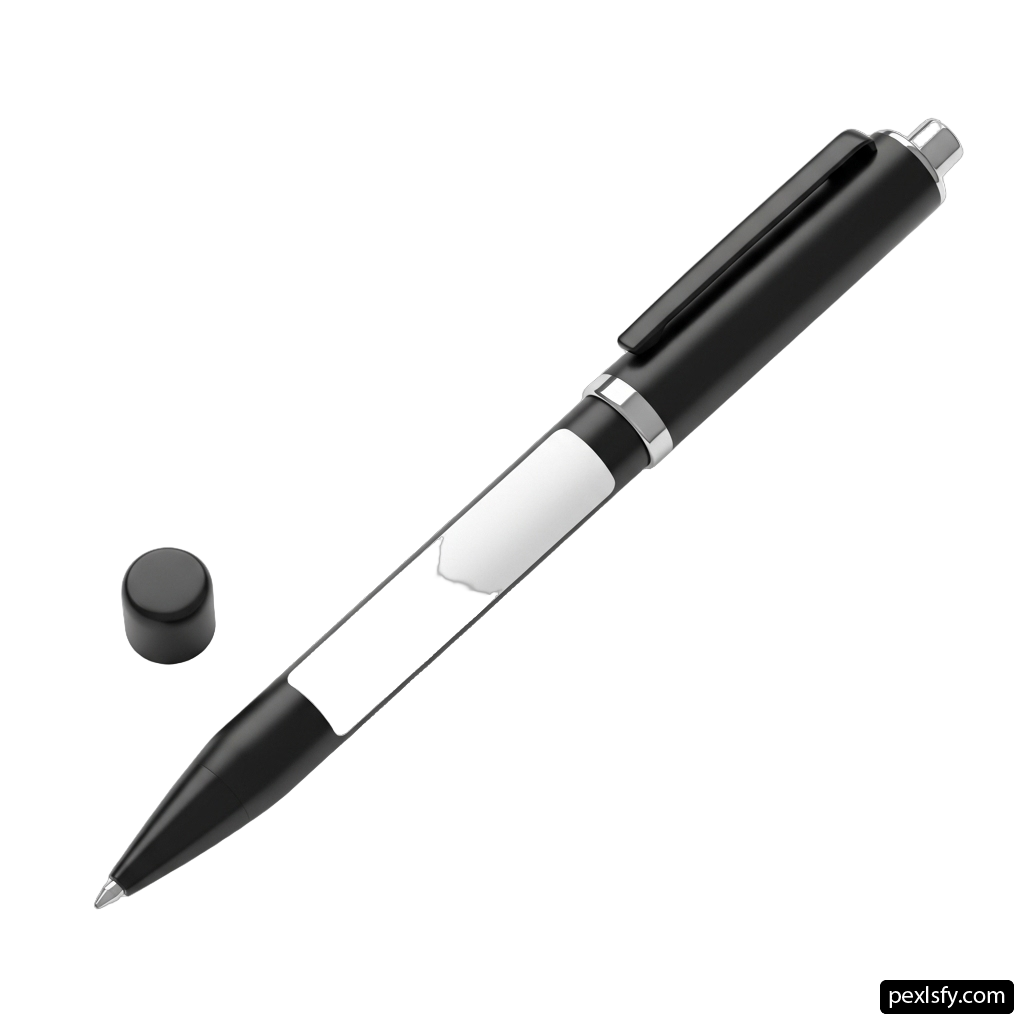 Black and silver pen sitting next to a black ball png transparent background