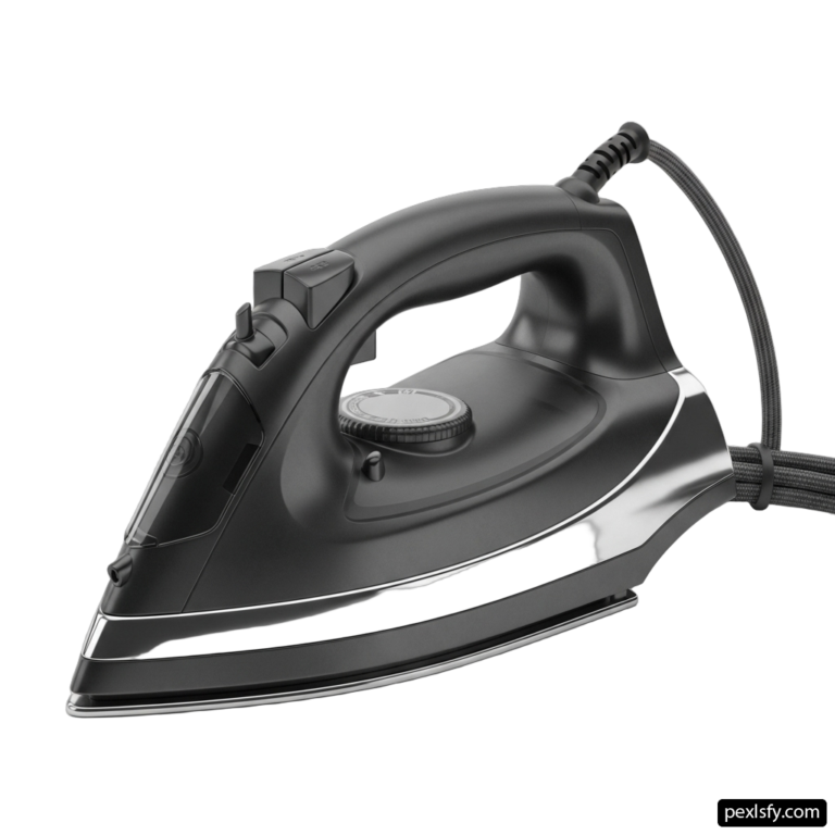 Black and silver steam iron on a white background png transparent background