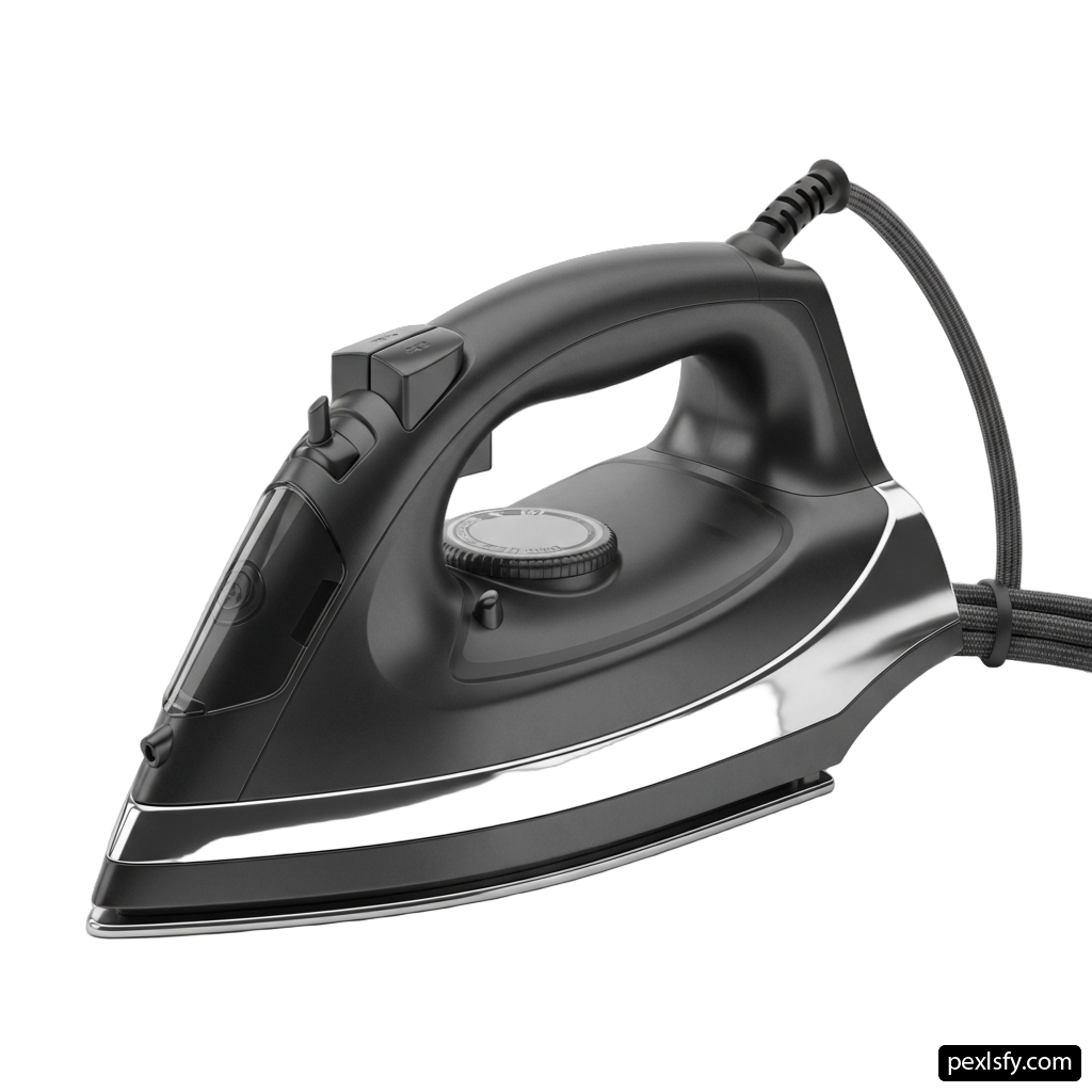 Black and silver steam iron on a white background png transparent background