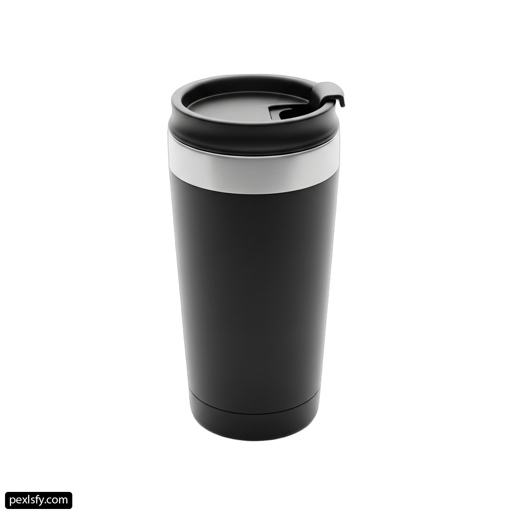 Black and silver travel mug on a white background png transparent background