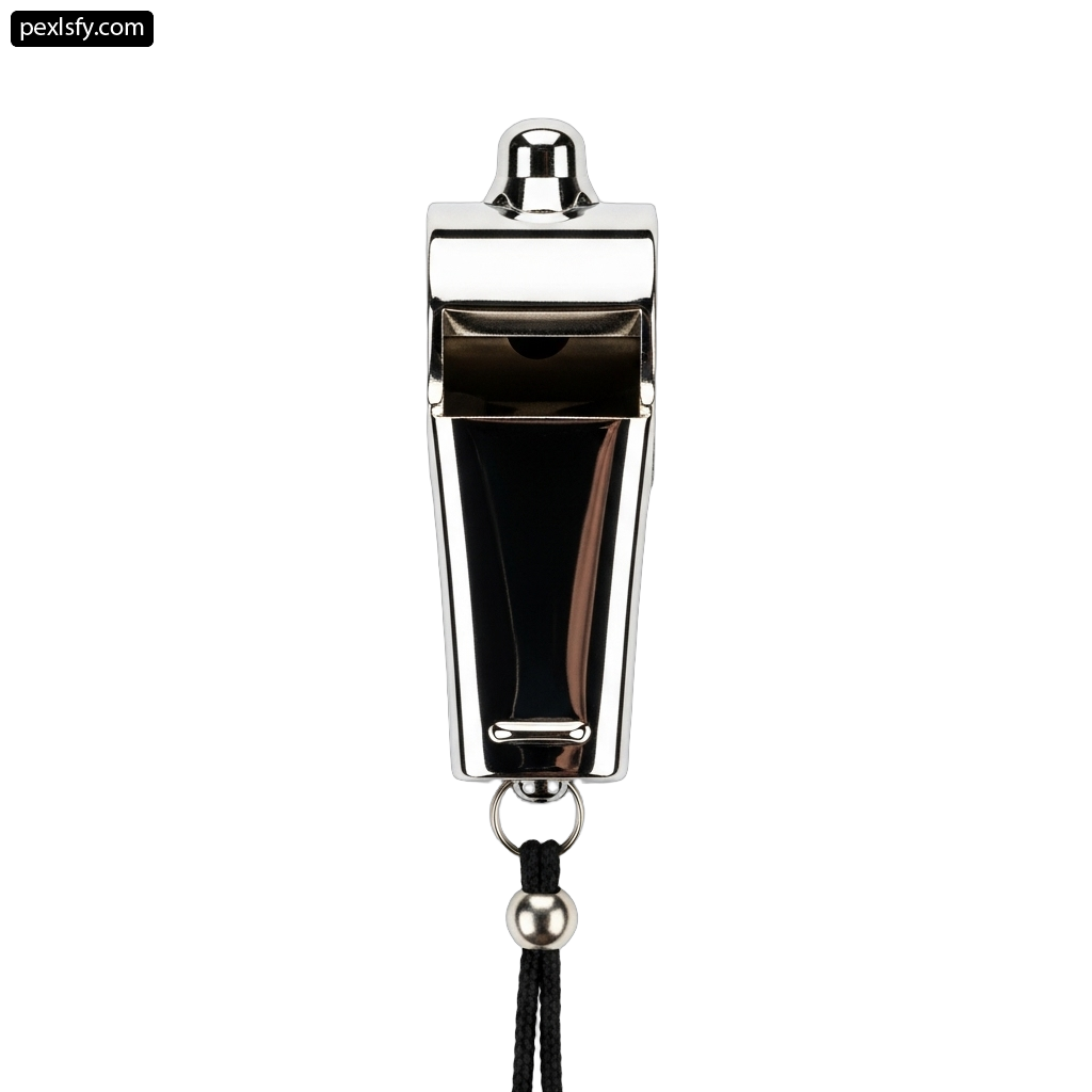 Black and silver whistle with a black cord png transparent background