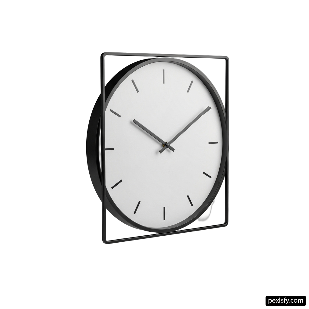 Black and white clock on a white wall png transparent background