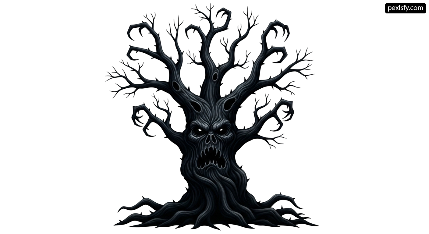 Black and white drawing of a tree with a skull on it png transparent background
