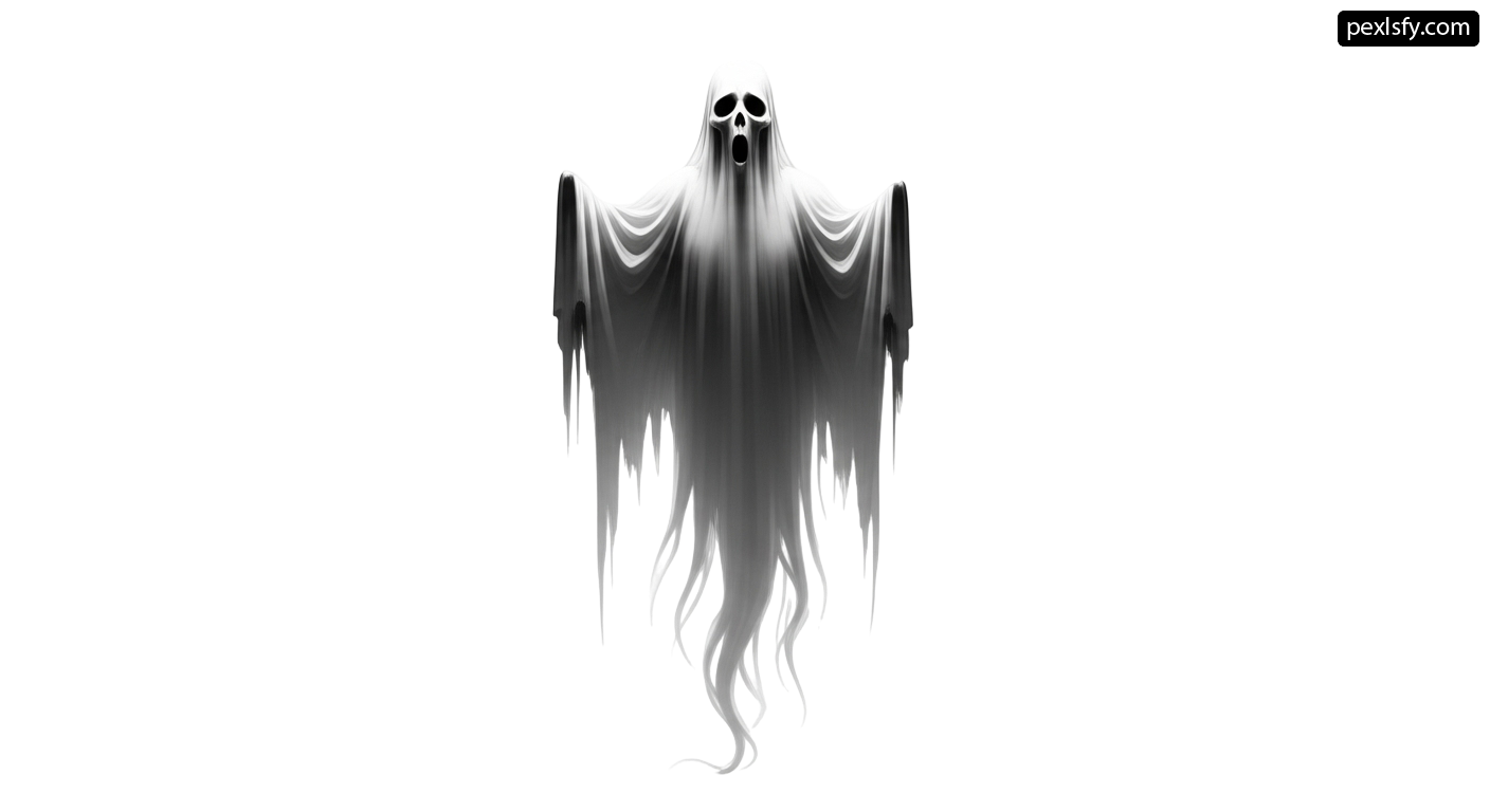 Black and white image of a ghost with long hair png transparent background