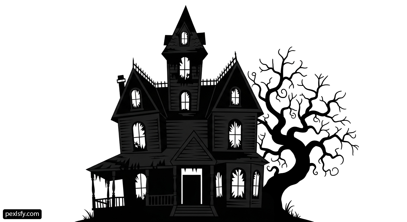 Black and white silhouette of a haunted house with a tree png transparent background