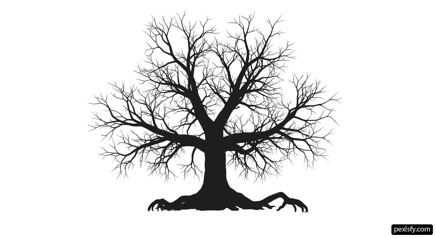 Black and white silhouette of a dead tree png transparent background