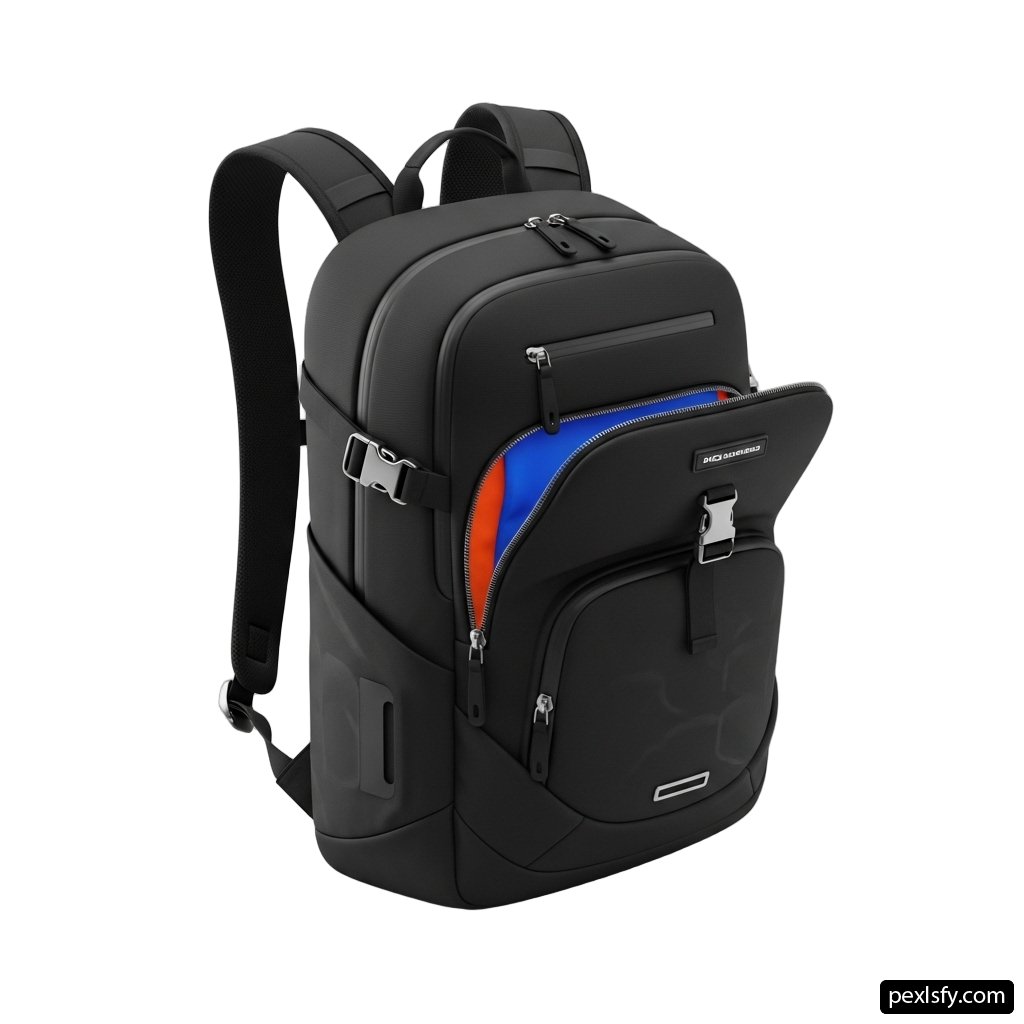 Black backpack with a blue and orange pocket png transparent background