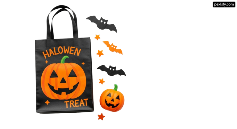 Black bag with a jack-o-lantern and bats on it png transparent background