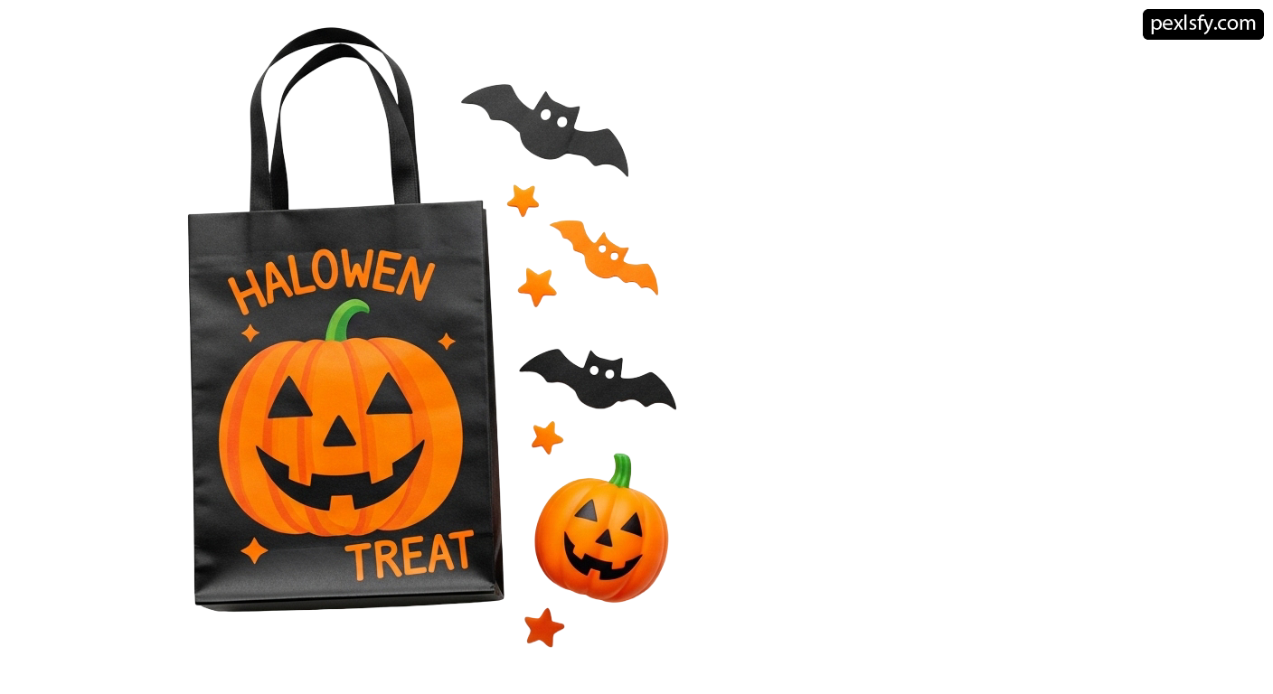 Black bag with a jack-o-lantern and bats on it png transparent background