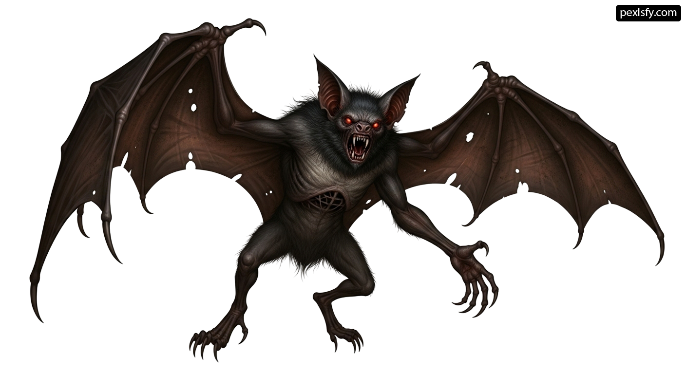 Black bat with red eyes and fangs on a white background png transparent background